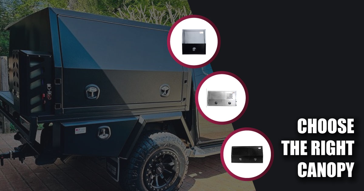 Three types of toolbox canopies with a UTE in background