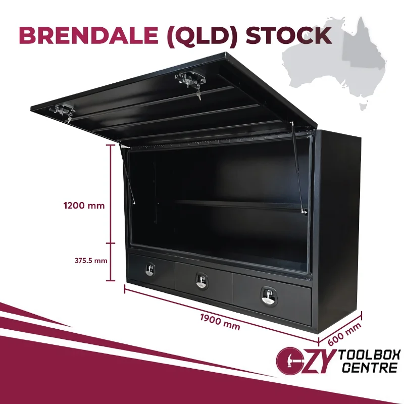 Truck Box Half Lid 3 External Drawers 1900 x 600 x 1200 OTC-1961A-B-Q Black - QLD Warehouse
