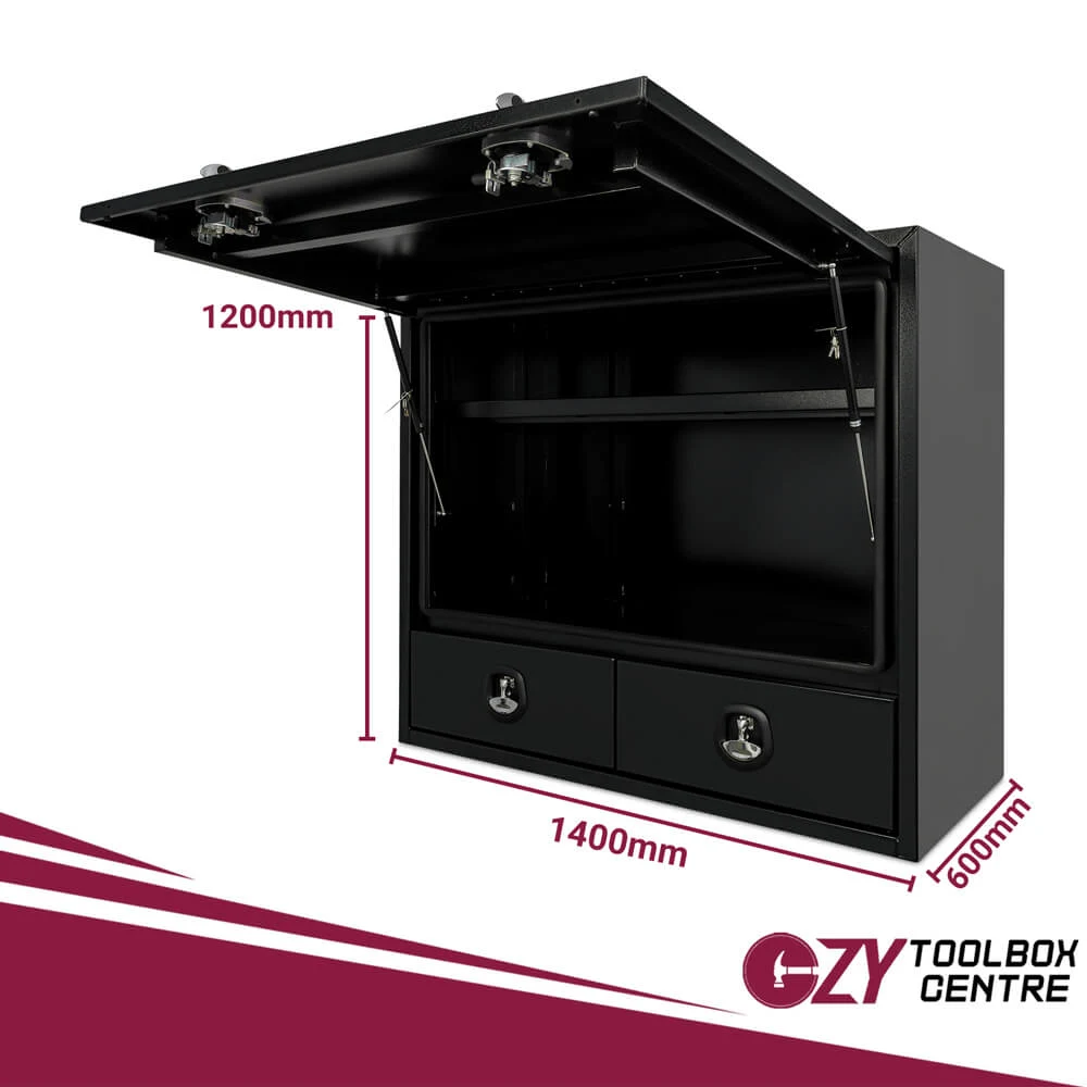 Truck Box Half Lid 2 External Drawers Pro-Series 1400mm x 600mm x 1200mm OZY-1461FP-2D-B Black