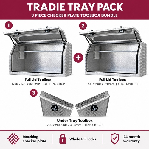 Tradie Tray Pack 1700: 2 x Full Lid Toolbox and Under Tray Box (Checker Plate)