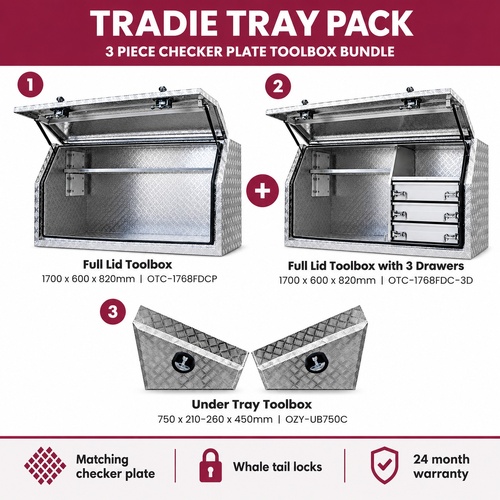 Tradie Tray Pack 1700: Full Lid Toolbox, 3 Drawer Toolbox and Under Tray Box (Checker Plate)