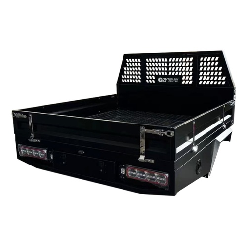 Aluminium Ute Tray W/Headbord 1800mm W x 1800mm L - Flared Mud Guards, 900mm Underbody Toolboxes BLACK OZY-TRAY-1800B
